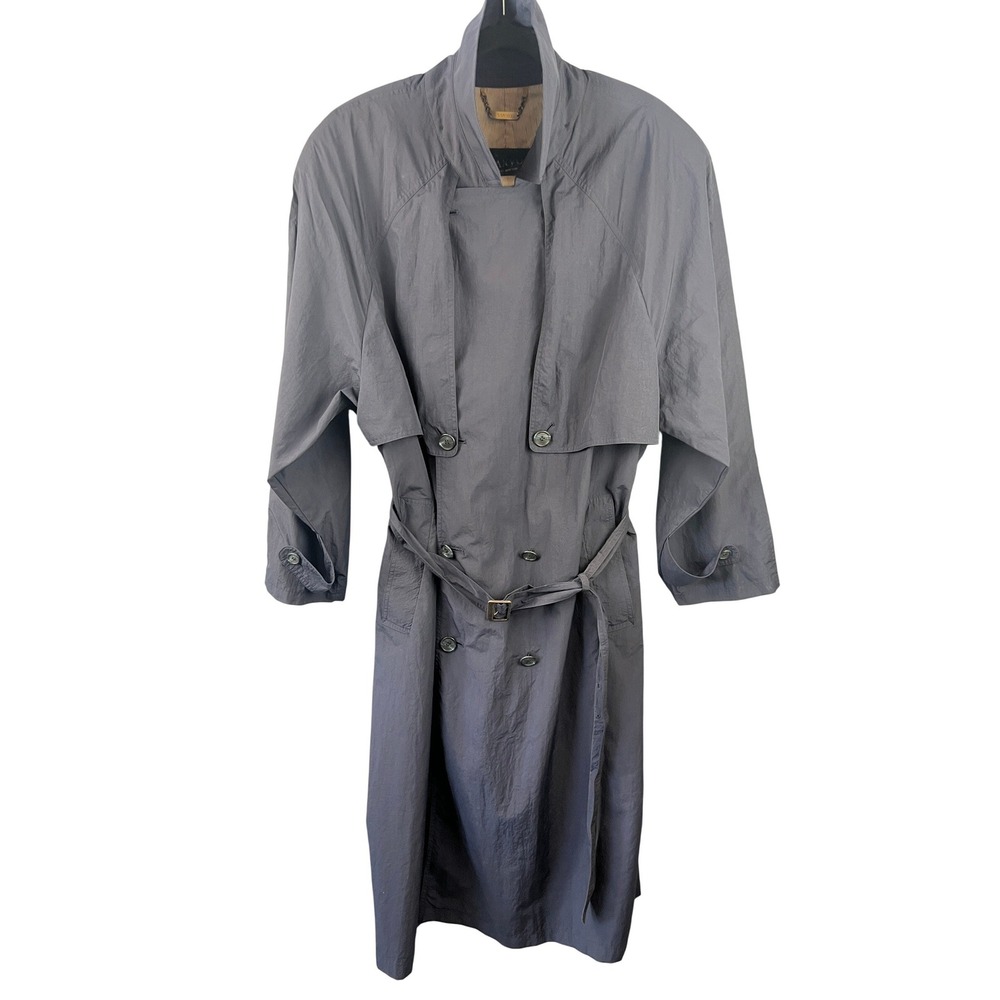 VTG Sanyo Navy Blue Double Breasted Belted Trench Coat SZ 40R Removable Lining‎